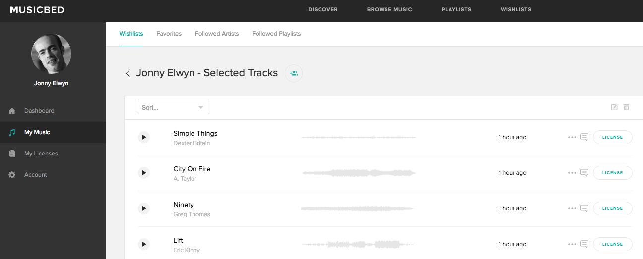 selected tracks on the music bed