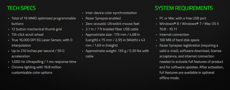 Razer Tech specs