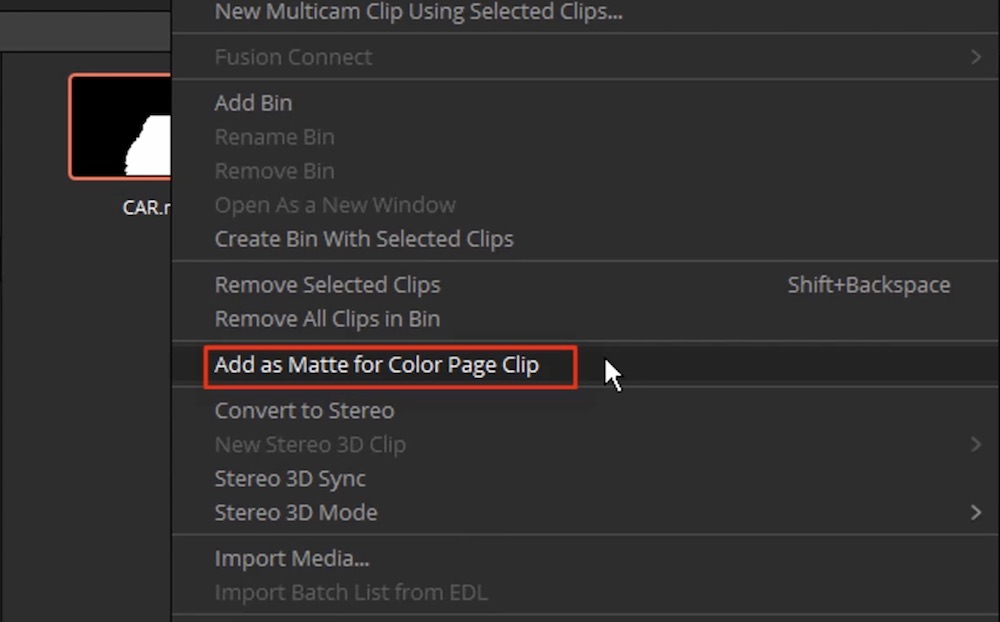 add as track matte in resolve