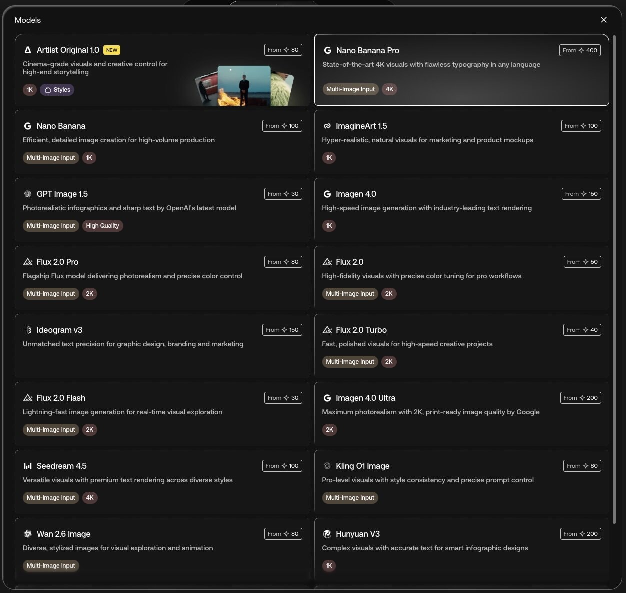 Выбор моделей генерации изображений в AI Toolkit от Artlist